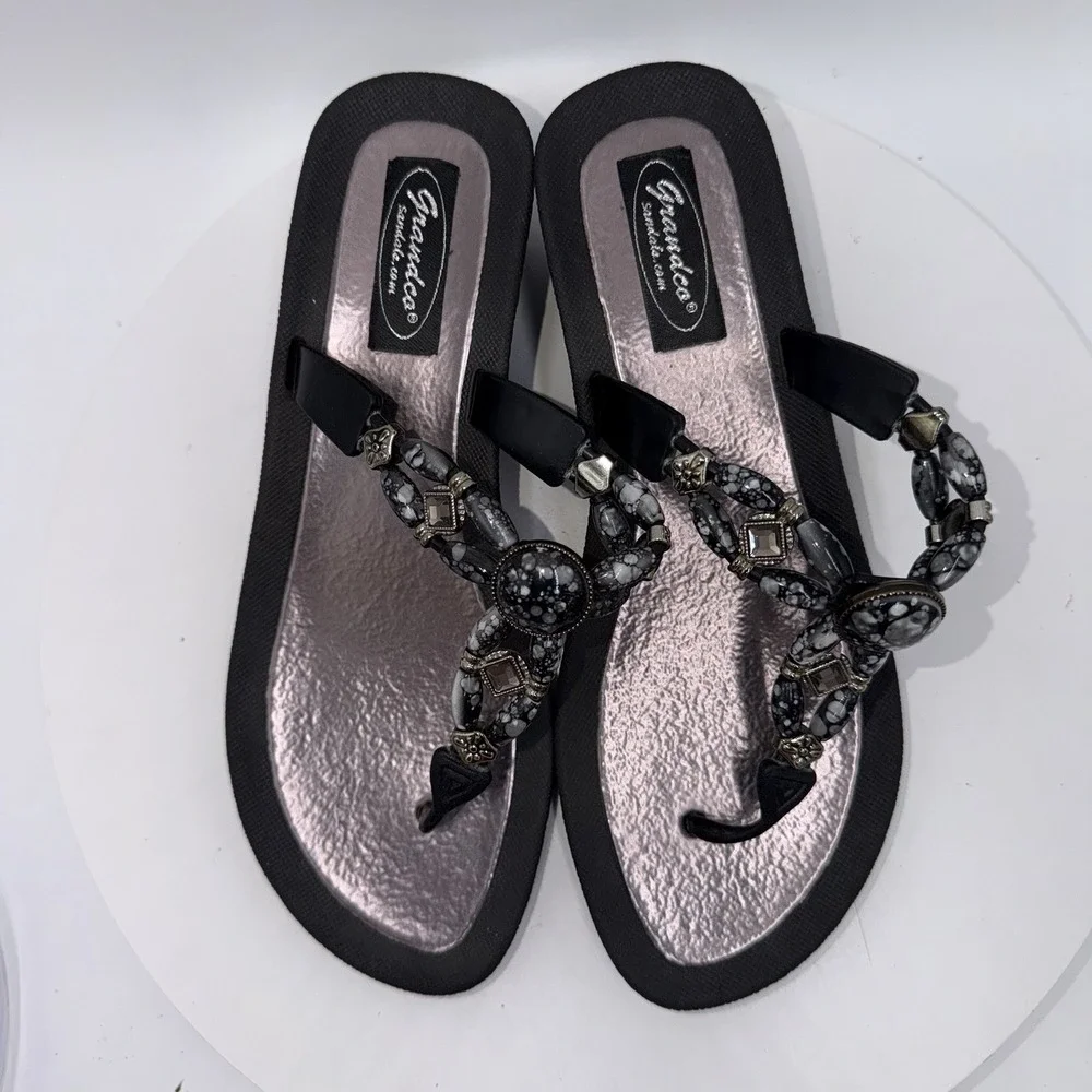 Grandco Sandals Beaded Jeweled Dressy Beach Thong Wedges Marble Stone Women's 8